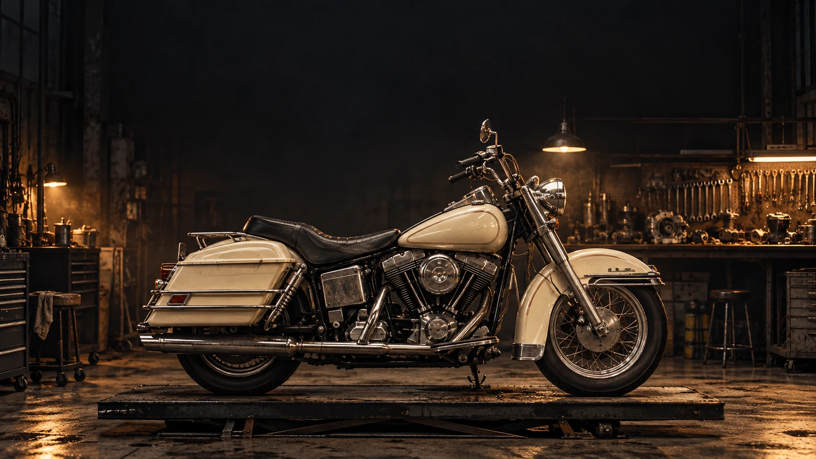 Concept artwork of an ivory vintage V-twin motorcycle on a service lift in a dimly lit workshop.